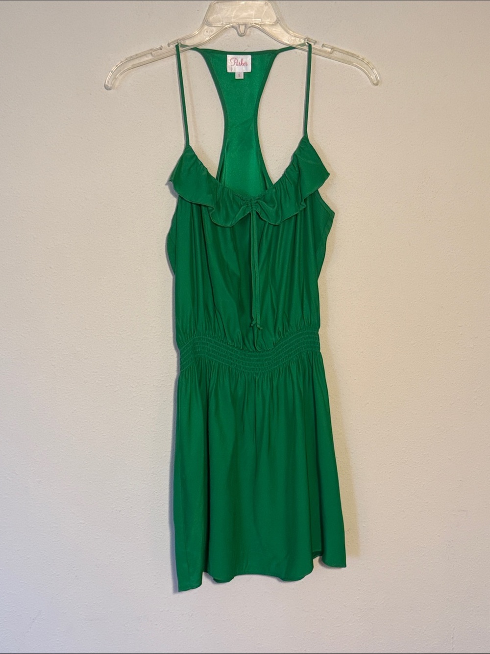 Parker 100% Silk Women Emerald Green Ruffle Racerback Mini Party Dress